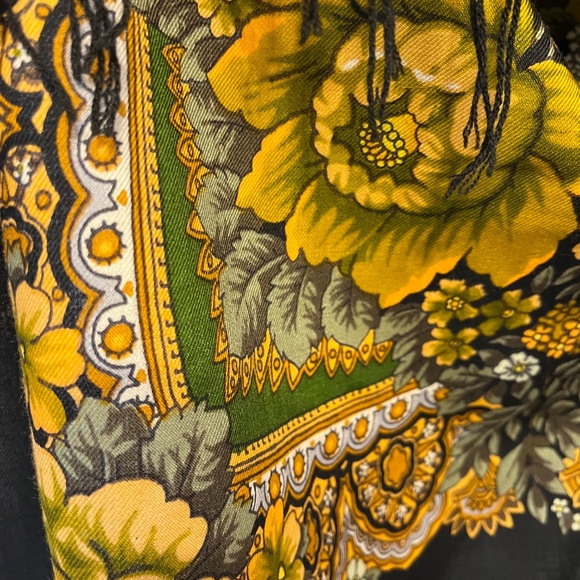 Traditional shawl in green and yellow flowers on black, 57 in/145 cm square. - Picture 6 of 13